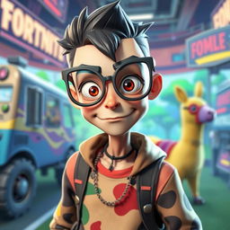 A skinny Fortnite player wearing quirky, oversized glasses that give off a unique and slightly suspicious vibe