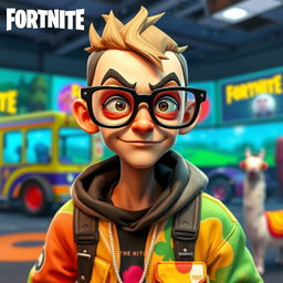 A skinny Fortnite player wearing quirky, oversized glasses that give off a unique and slightly suspicious vibe
