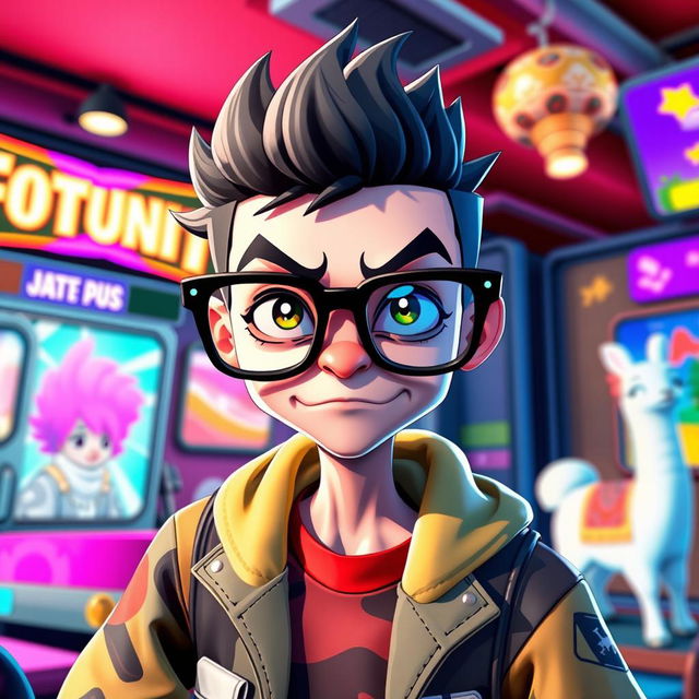 A skinny Fortnite player wearing quirky, oversized glasses that give off a unique and slightly suspicious vibe