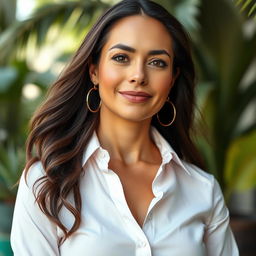 A sophisticated portrait of a woman over 30 years old, wearing a long-sleeved shirt fully buttoned up, designed to be flattering without emphasizing a pronounced bust