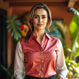 A sophisticated portrait of a woman over 30 years old, wearing a long-sleeved shirt fully buttoned up, designed to be flattering without emphasizing a pronounced bust
