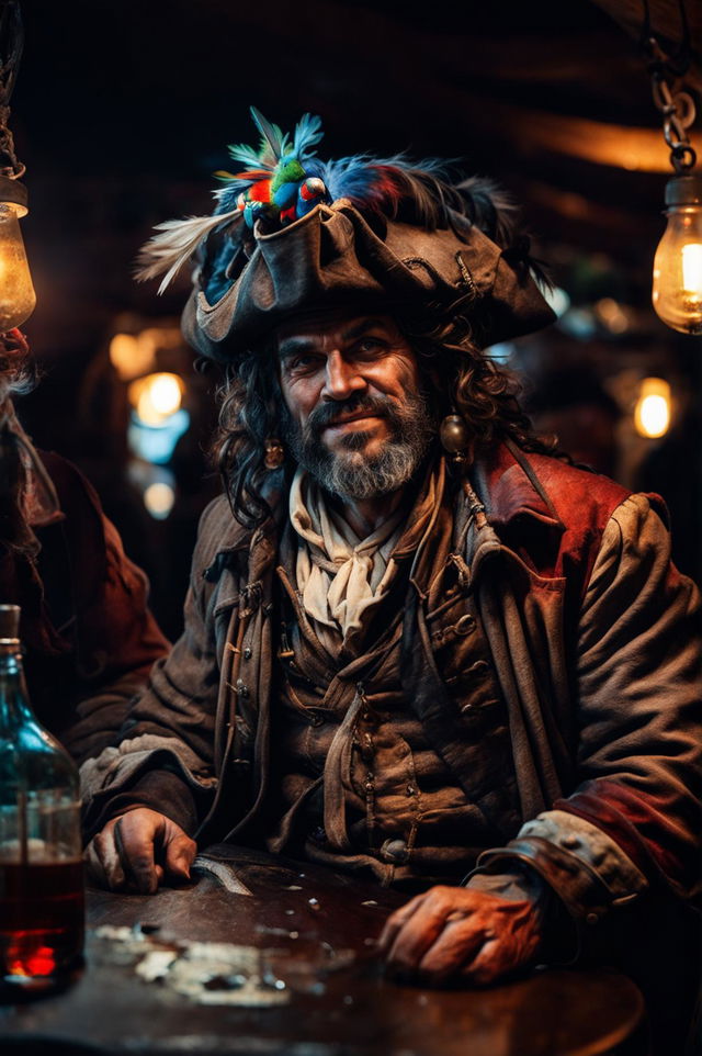 This HD image captures a pirate, complete with a tricorn hat and a parrot, drinking rum in a bustling tavern