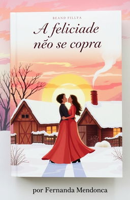 A book cover illustration featuring a romantic couple kissing in the snow during sunset behind a charming farmhouse