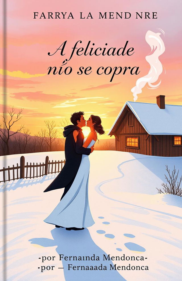 A book cover illustration featuring a romantic couple kissing in the snow during sunset behind a charming farmhouse