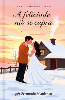 A book cover illustration featuring a romantic couple kissing in the snow during sunset behind a charming farmhouse