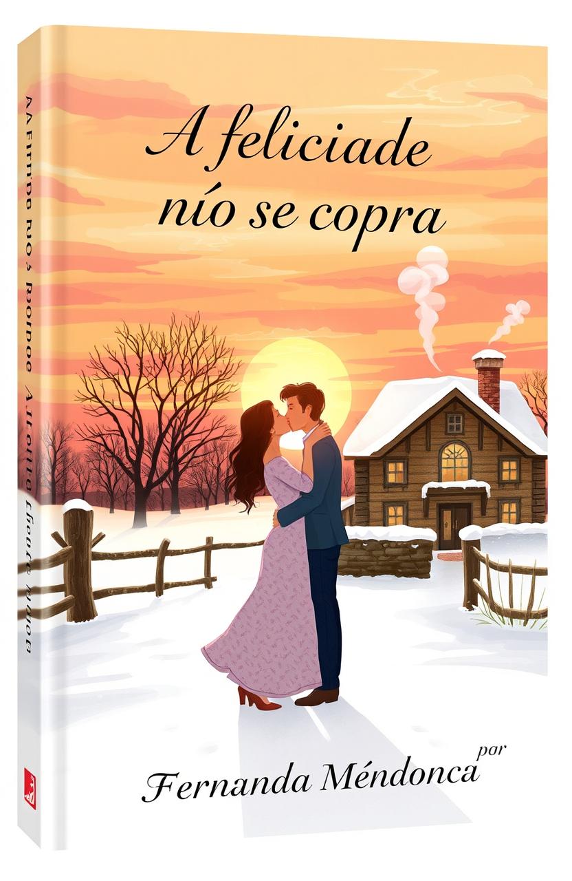 A book cover illustration featuring a romantic couple kissing in the snow during sunset behind a charming farmhouse