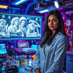 A captivating scene featuring a woman in a vibrant and high-tech laboratory dedicated to past life experiments
