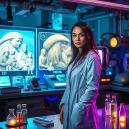 A captivating scene featuring a woman in a vibrant and high-tech laboratory dedicated to past life experiments