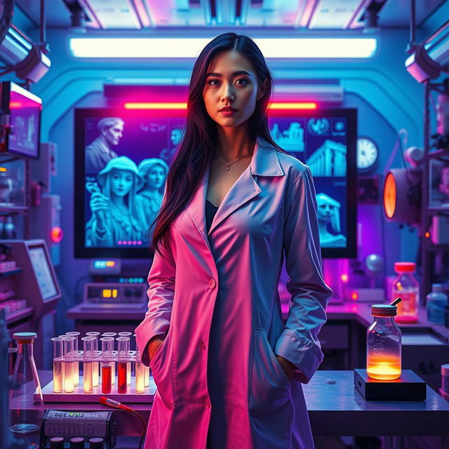 A captivating scene featuring a woman in a vibrant and high-tech laboratory dedicated to past life experiments