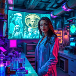 A captivating scene featuring a woman in a vibrant and high-tech laboratory dedicated to past life experiments