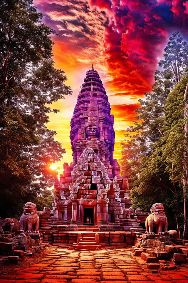 A detailed digital art image of a Cambodian temple, similar to Angkor Wat, set against a vibrant sunset