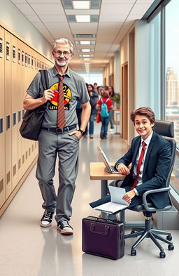 A whimsical and humorous scene depicting a father and son who have magically swapped lives for a day