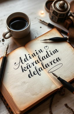 A close-up of a beautifully detailed old diary page, the ink stylishly smudged and smeared, representing the phrase 'Adını karaladım defalarca' artistically written in elegant cursive