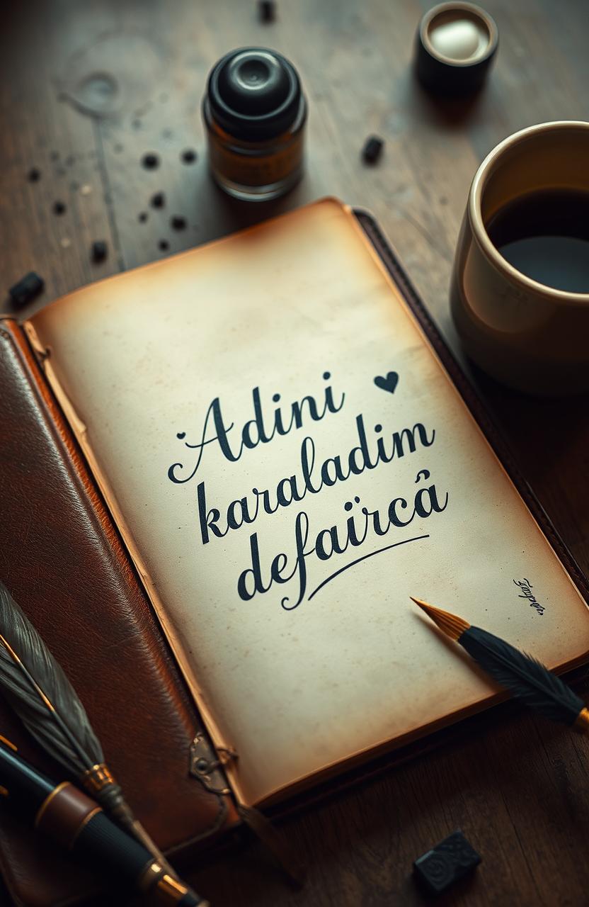 A close-up of a beautifully detailed old diary page, the ink stylishly smudged and smeared, representing the phrase 'Adını karaladım defalarca' artistically written in elegant cursive