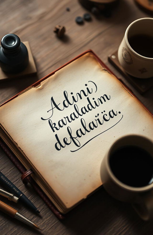 A close-up of a beautifully detailed old diary page, the ink stylishly smudged and smeared, representing the phrase 'Adını karaladım defalarca' artistically written in elegant cursive