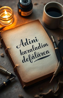 A close-up of a beautifully detailed old diary page, the ink stylishly smudged and smeared, representing the phrase 'Adını karaladım defalarca' artistically written in elegant cursive
