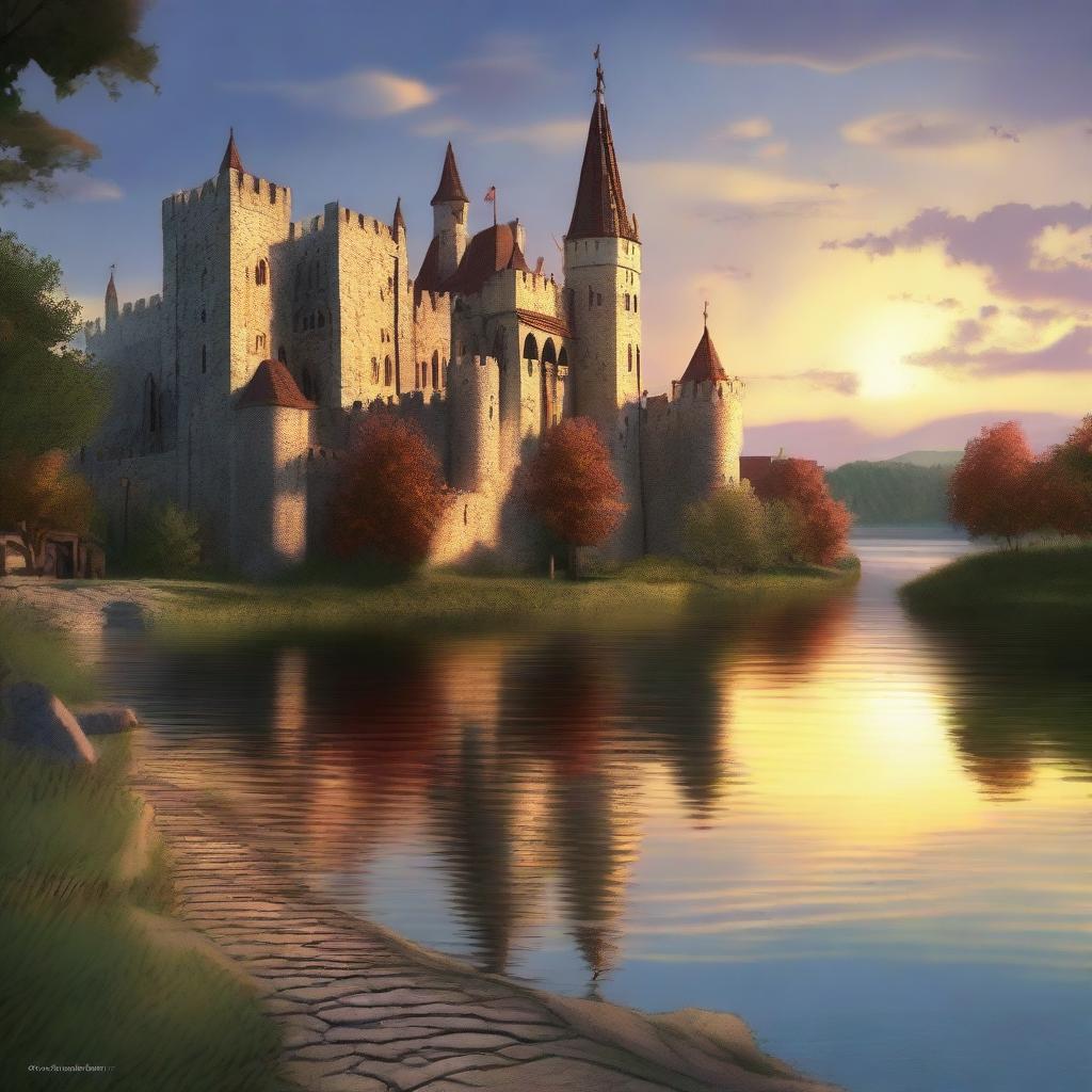 The image is a detailed digital art piece of a medieval city next to a tranquil lake