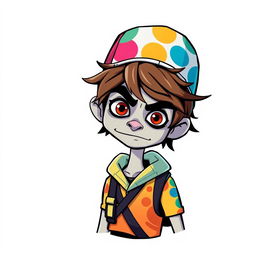 A skinny Fortnite player designed in a vector art style, featuring an oversized head and a playful expression that conveys an annoying yet humorous demeanor