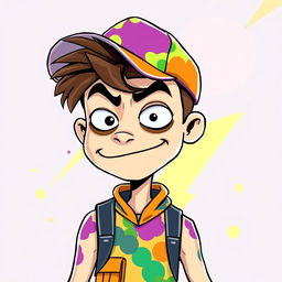 A skinny Fortnite player designed in a vector art style, featuring an oversized head and a playful expression that conveys an annoying yet humorous demeanor