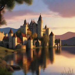 The image is a detailed digital art piece of a medieval city next to a tranquil lake