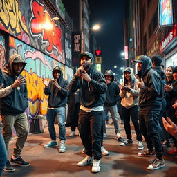A vibrant urban scene capturing the essence of rap culture, featuring a diverse group of young adults passionately performing rap music on a bustling street