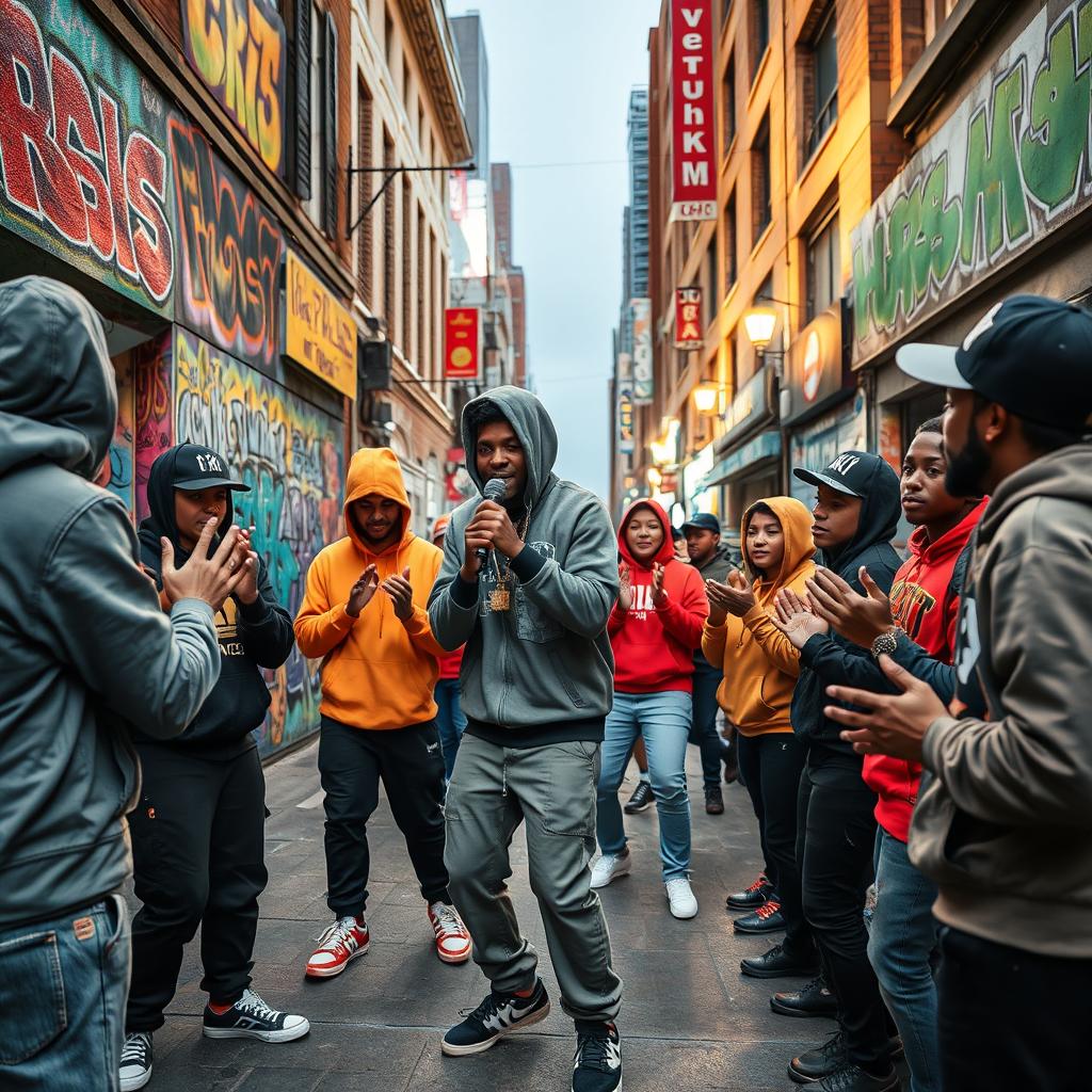 A vibrant urban scene capturing the essence of rap culture, featuring a diverse group of young adults passionately performing rap music on a bustling street