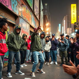 A vibrant urban scene capturing the essence of rap culture, featuring a diverse group of young adults passionately performing rap music on a bustling street