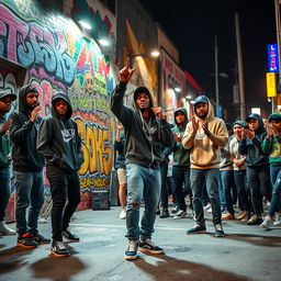 A vibrant urban scene capturing the essence of rap culture, featuring a diverse group of young adults passionately performing rap music on a bustling street