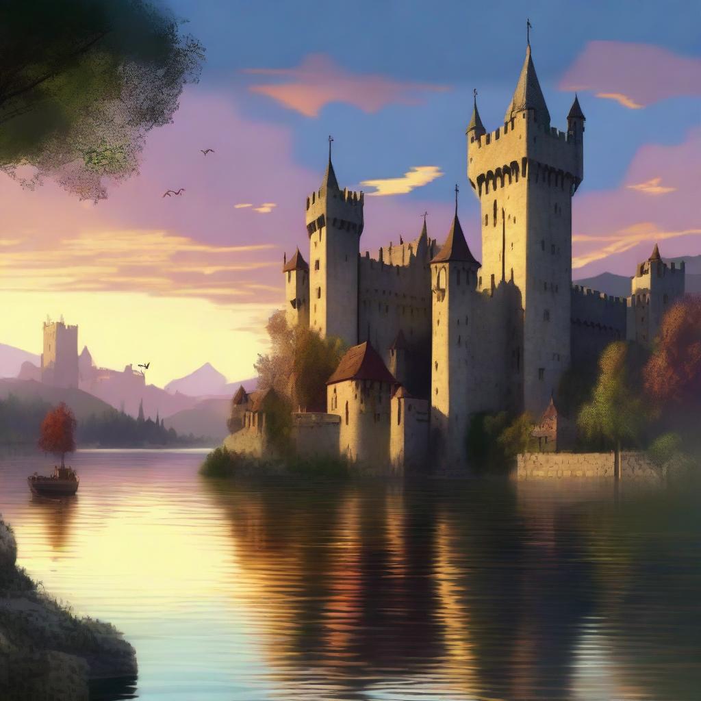 The image is a detailed digital art piece of a medieval city next to a tranquil lake