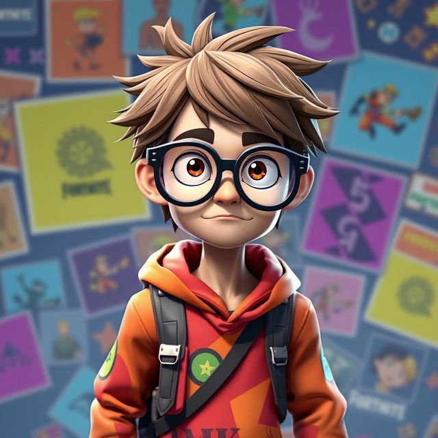 A Fortnite player with a character design reminiscent of Vector from 'Despicable Me' and Nick Eh 30, featuring a skinny build, oversized head, and large, goofy glasses that create an amusing and annoying appearance