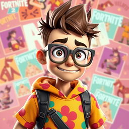 A Fortnite player with a character design reminiscent of Vector from 'Despicable Me' and Nick Eh 30, featuring a skinny build, oversized head, and large, goofy glasses that create an amusing and annoying appearance