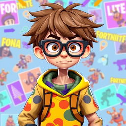 A Fortnite player with a character design reminiscent of Vector from 'Despicable Me' and Nick Eh 30, featuring a skinny build, oversized head, and large, goofy glasses that create an amusing and annoying appearance