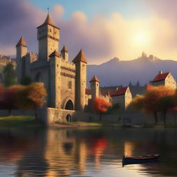 The image is a detailed digital art piece of a medieval city next to a tranquil lake