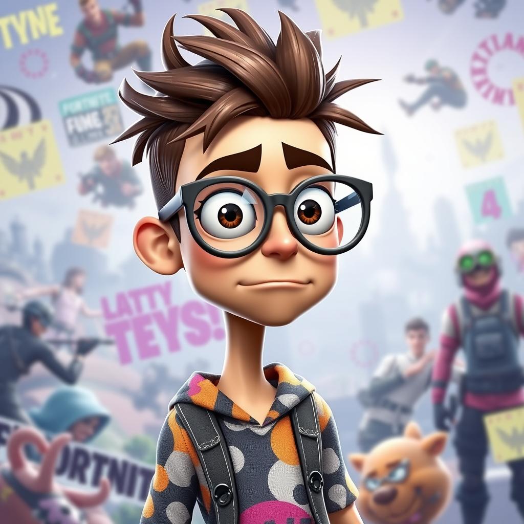 A Fortnite player with a character design reminiscent of Vector from 'Despicable Me' and Nick Eh 30, featuring a skinny build, oversized head, and large, goofy glasses that create an amusing and annoying appearance