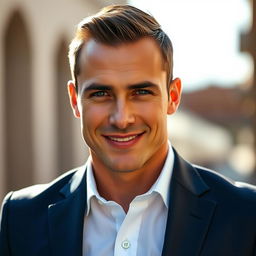 A portrait of an attractive man with chiseled features and a confident smile, wearing a stylish tailored suit that enhances his well-built physique