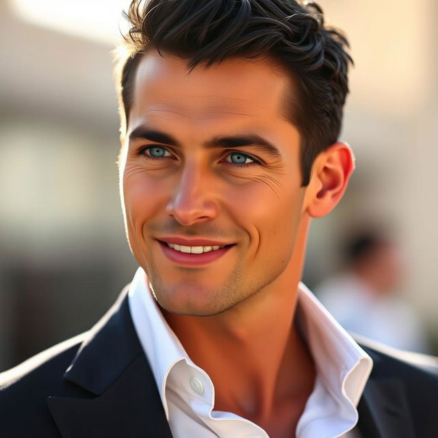 A portrait of an attractive man with chiseled features and a confident smile, wearing a stylish tailored suit that enhances his well-built physique