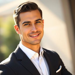 A portrait of an attractive man with chiseled features and a confident smile, wearing a stylish tailored suit that enhances his well-built physique