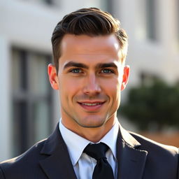 A portrait of an attractive man with chiseled features and a confident smile, wearing a stylish tailored suit that enhances his well-built physique