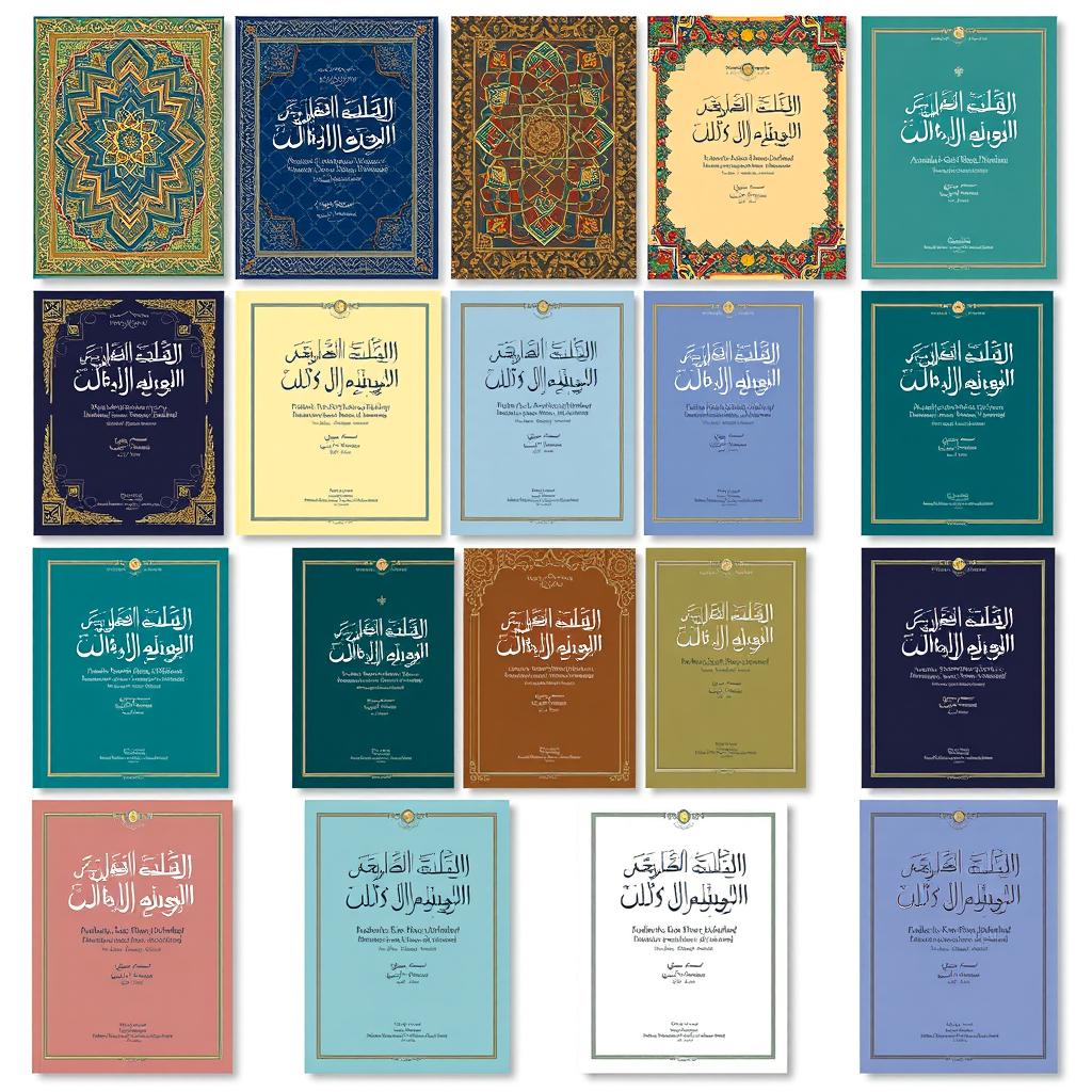 A collection of 20 beautifully designed covers for an Islamic research journal, showcasing a variety of styles that blend traditional and modern aesthetics