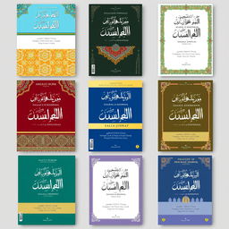 A collection of 20 beautifully designed covers for an Islamic research journal, showcasing a variety of styles that blend traditional and modern aesthetics
