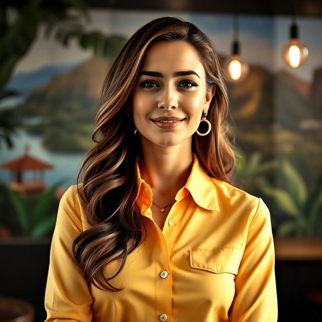 A chic portrait of a woman over 30 years old, dressed in a long-sleeved shirt that is fully buttoned up, emphasizing a feminine yet modest appearance without any sexualized content