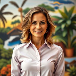 A chic portrait of a woman over 30 years old, dressed in a long-sleeved shirt that is fully buttoned up, emphasizing a feminine yet modest appearance without any sexualized content