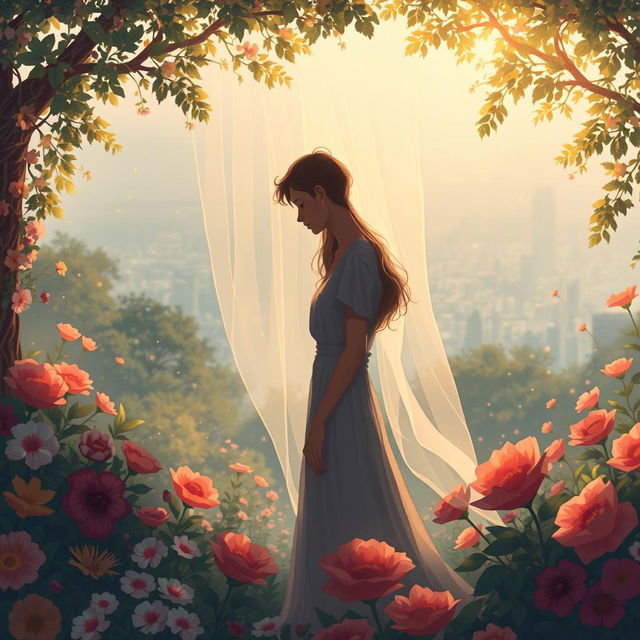 An evocative illustration of forbidden love, depicting two figures standing just out of reach of each other, surrounded by a lush, romantic garden filled with vibrant flowers