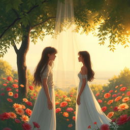 An evocative illustration of forbidden love, depicting two figures standing just out of reach of each other, surrounded by a lush, romantic garden filled with vibrant flowers