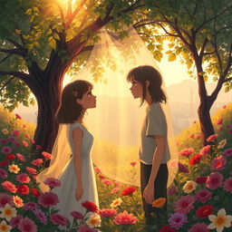 An evocative illustration of forbidden love, depicting two figures standing just out of reach of each other, surrounded by a lush, romantic garden filled with vibrant flowers