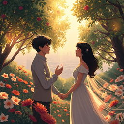An evocative illustration of forbidden love, depicting two figures standing just out of reach of each other, surrounded by a lush, romantic garden filled with vibrant flowers