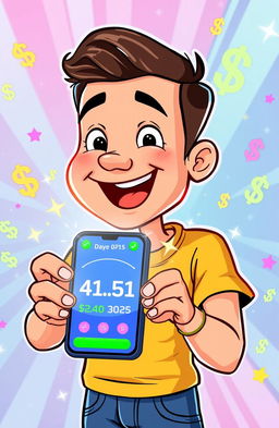 A cartoon illustration of a man happily holding a smartphone