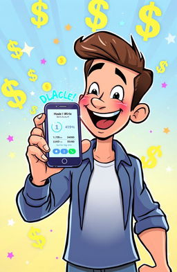 A cartoon illustration of a man happily holding a smartphone