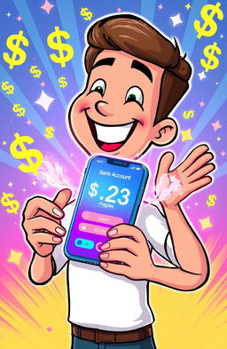 A cartoon illustration of a man happily holding a smartphone