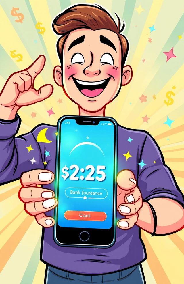 A cartoon illustration of a man happily holding a smartphone